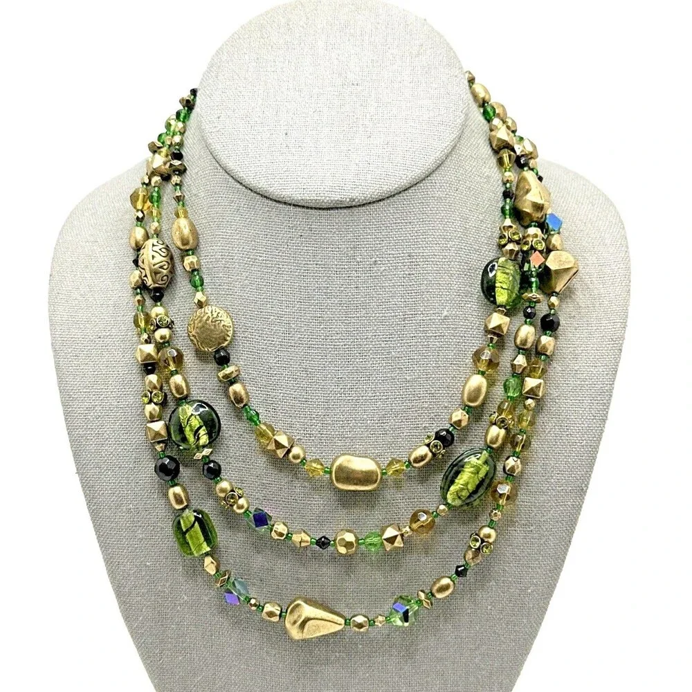 Vintage Green Gold Multi Strand Bead Necklace Boho Crystal Accents Box Clasp 16